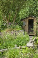 Digitalis with overgrown dry stonewall, natural wetland meadow with native plants around wooden shed - A rewilding Britain Landscape - Best Show garden