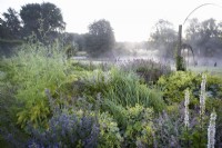 Narborough Hall. Early morning in the blue garden with river mist.