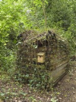 Insect hotel made from old wooden planks with nest box in woodland garden
