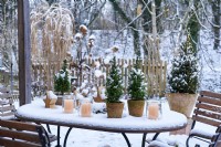 Table arrangement of Picea glauca 'Conica'  in a ceramic pot surrounded by snow and wooden stars with view into the snow covered garden
