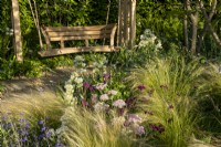 Growing among the Stipa, Achillea millefolium, Centranthus ruber albus,  Salvia chamaedryoides and Salvia 'Nachtvlinder' with a wooden swing sit by the hedge. London Square Community Garden, Gold winner. Designer: James Smith