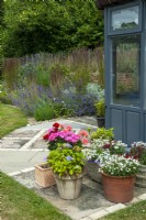 Decorative patio with container plants and dry border of grasses and perennials leading from summerhouse - Open Gardens Day, Easton, Suffolk