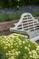 Wooden garden seat beside Santolina virens and Lavandula at the rear behind low brick wall - Open Gardens Day, Easton, Suffolk