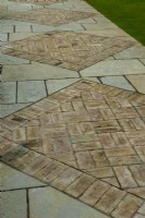 Decorative use of slabs and bricks to create patterned pathway - Open Gardens Day, Easton, Suffolk