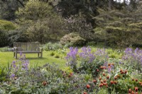 A stone bench on a lawn with a mixed herbaceous border with tulips in front and trees behind. Marwood Hill gardens, Devon. Spring.  