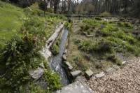 A rill runs with water linking two lakes at Marwood Hill gardens, Devon. Spring. May. 