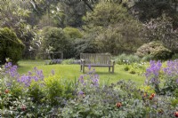 A wooden bench on a lawn between trees and a mixed herbaceous border. Marwood Hill gardens, Devon. Spring. may. 