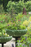 Green decorative bowls on standard planted with Pelargoniums and climbers.
