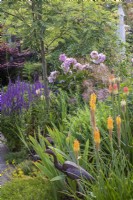 Summer border in small urban garden with Kniphofia, Salvias and Peonies and metal bird sculptures