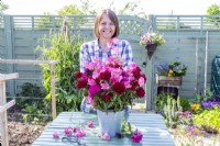 Woman arranging bouquet of Dianthus barbatus 'Messenger' - Sweet Williams and Lathyrus 'Geranium Pink' - Sweet Peas
