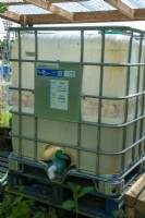 Water storage on allotment in reused commercial tank - Open Gardens Day, Shelfanger, Norfolk