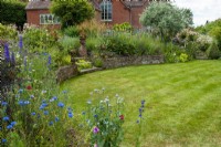 Lawn with surrounding raised borders of perennial plants, trees and steps up to old school building now converted to a home - Open Gardens Day, Tuddenham, Suffolk