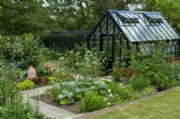 Modern greenhouse with vegetable plots, fruit cage, forcing  pots and slab paths in sunken area below law - Open Gardens Day, Tuddenham, Suffolk