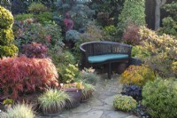 Bench and pots in Four Seasons Garden - West Midlands - October
