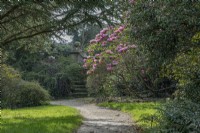 View of a curved gravel path in an informal country garden in Spring - April
