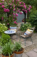 Table and chairs on paved area with nearby Rose, Hydrangeas and plants in pots - Open Gardens Day, Stowupland, Suffolk