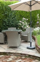 Rattan table and chairs on dining area of patio, with sunshade and nearby Rosa 'Bonica 82' 