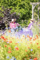 Women sat at table chatting in garden beyond flowers