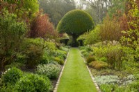A grass path through the White Borders leading to the domed Prunus lusitanica - Portuguese laurel tree in the walled garden at Crathes Castle
