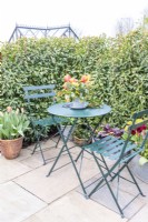 Green metal table and chair set in Laurel garden with bouquet of Tulips, Narcissus and leaves