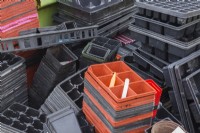 Assorted plastic trays and containers for starting seedlings.