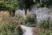 Mixed perennials dominated by Persicaria with Calamagrostis x acutiflora 'Overdam'. White gravel path and stone wall. August.