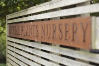 Rusty corten steel sign at Derry Watkins Special Plants Nursery
