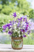 Bouquet of flowers containing Gypsophila elegans 'Covent Garden', Salvia viridis 'Blue Monday', Briza maxima, Lathyrus 'Matucana' and 'Midnight Blues' Sweet Peas in glass vase wrapped with rope