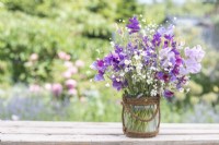 Bouquet of flowers containing Gypsophila elegans 'Covent Garden', Salvia viridis 'Blue Monday', Briza maxima, Lathyrus 'Matucana' and 'Midnight Blues' Sweet Peas in glass vase wrapped with rope