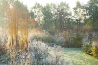 Rustic coppiced ash gazebo surrounded by sunlit ornamental grasses and perennials covered in frost.