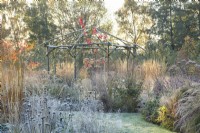 Rustic coppiced ash gazebo surrounded by ornamental grasses and perennials in frost