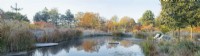 Panoramic view of a natural swimming pool surrounded by frost covered ornamental grasses such as Molinia arundinacea 'Karl Foerster', trees, seating area with circular decking and central millstone water feature.