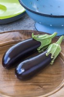 Aubergine 'Ebony F1'. Two ripe fruits on a wooden dish. August.