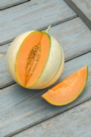 Melon 'Alvaro F1'. Cucumis melo. Ripe fruit with slice removed to reveal orange flesh. August
