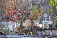 Winter display with wreath of mistletoe and guelder rose, bunches of pine, larch, pussy willow and guelder rose twigs in milk churns and in a watering can.