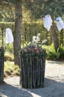 Decoration with orange pumpkins in rolled chestnut fence and flying halloween ghost decorations hanging in trees