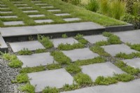 Paving slabs set in grass in private garden open for Charity in Lichfield, June