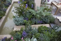 Hamptons Mediterranean Garden. Designer: by Filippos Dester.  RHS Chelsea Flower Show 2023. Water rill to seating area surrounded by mediterranean planting. Including Artemisia, Iris and Melanoselinum decipiens. Summer.