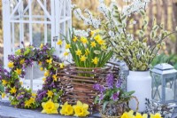 Spring arrangement with Narcissus 'Tete-a-Tete', pussy willow, wreath of spring flowers, Corydalis and Erythronium.