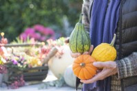 Woman holding three different coloured squashes