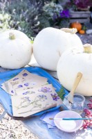 White Pumpkins, pressed flowers, glue and brushes laid out on the table
