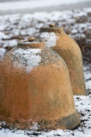 Terracotta forcing pots in a snow covered bed