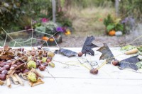 Bats, spider and spider web made of conkers, string, leaves and twigs laid out on table
