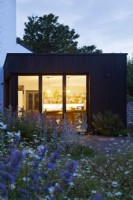 View across flower borders and meadow lawn to the house and modern kitchen extension at dusk.