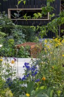 View across borders and paving towards a Corten steen dead hedge box and wooden wildlife hide on the RSPCA Garden designed by Martyn Wilson - RHS Chelsea Flower Show 2023