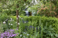 A border with Aesculus x mutabilis 'Penduliflora', Taxus baccata, Hesperis matronalis, Phlox glaberrima 'Bill Baker', Anchusa azurea 'Loddon Royalist' in front of a temple on the Myeloma UK - A Life Worth Living Garden designed by Chris Beardshaw - RHS Chelsea Flower Show 2023