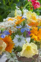 Bouquet with nasturtium, love in the mist, pot marigold and wild carrot.