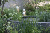 A round water feature on the RBC Brewin Dolphin Garden designed by Paul Hervey-Brookes - RHS Chelsea Flower Show 2023