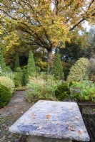 Slate table in the garden of Balmoral Cottage, Kent in December