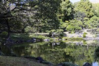 The edge of the Dai Sensui lake with reflections of surrounding trees.